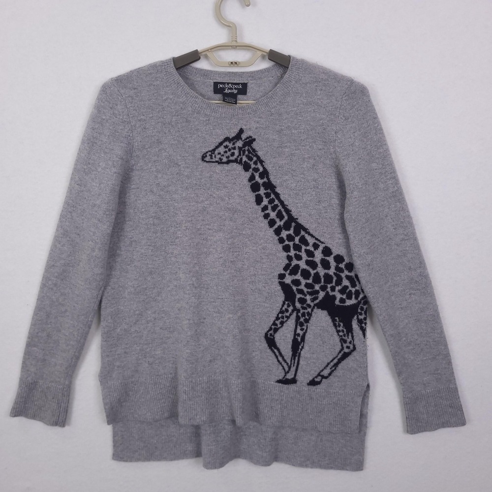 Peck & Peck Luxury Cashmere Sweater Womens Medium Gray Giraffe Print Pullover